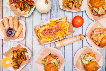 set of fast food dishes on cardboard containers