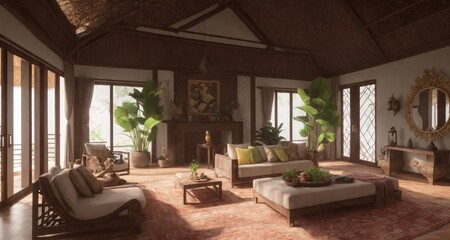Fototapeta na wymiar Glimpse Inside a Bali Indonesia Exotic Estate Living Room generative ai