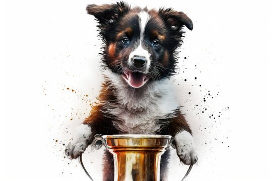 dog holding a golden cup in a painting. Generative AI