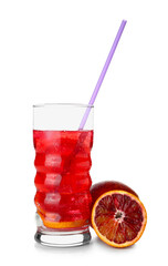 Glass of tasty blood orange lemonade isolated on white background