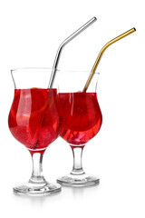 Glasses of tasty blood orange lemonade isolated on white background