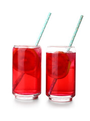 Glasses of tasty blood orange lemonade isolated on white background