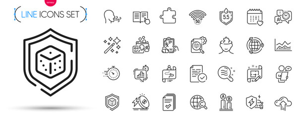 Pack of Ab testing, International copyright and Puzzle line icons. Include Time management, Car charging, Customer survey pictogram icons. Handout, Seo stats, Prescription drugs signs. Vector