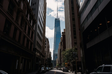 a tall skyscraper is to the left of the photo Generative AI