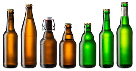 set collection of various ice cold brown and green beer bottle set collection isolated white background. alcoholic beverage design pattern concept - 592060720