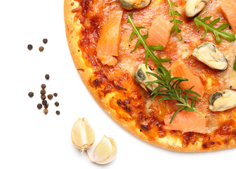 Tasty seafood pizza isolated on white background, closeup