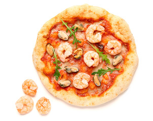 Tasty seafood pizza and shrimps isolated on white background