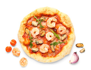 Tasty seafood pizza and ingredients isolated on white background