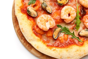 Plate with tasty seafood pizza isolated on white background, closeup