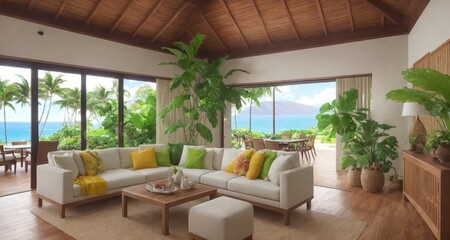A Glimpse Inside a Tropical Mansion in Maui, Hawaii: The Living Room generative ai - 592061117