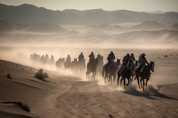 A group of people riding horses across the desert. The horses should be galloping and kicking up dust behind them. Generative AI