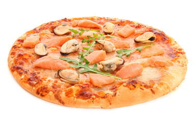 Tasty seafood pizza isolated on white background