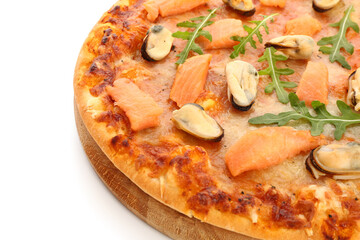 Wooden board with tasty seafood pizza isolated on white background, closeup