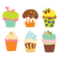 Set of cupcakes. Vector cute cartoon illustration. Bakery shop, dessert, sweet products, cooking.