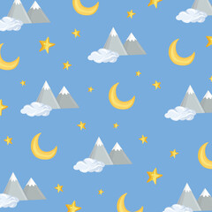 Pattern with stars and moon, mountains in the cartoon style on a light blue background.