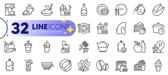 Outline set of Coffee maker, Food time and Food delivery line icons for web with Ice cream, Grill basket, Coffee break thin icon. Cake, Takeaway, Whiskey bottle pictogram icon. Vector