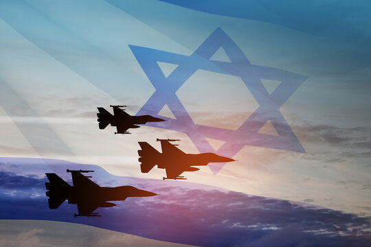Aircraft silhouettes on background of sunset with a transparent waving Israel flag. Military aircraft.