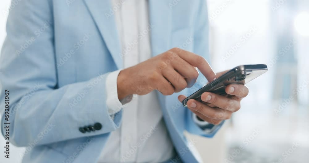 Poster Typing, phone and hands of man in office for social media, business networking and website research. Communication, corporate workplace and male worker on smartphone for email, chat and text message