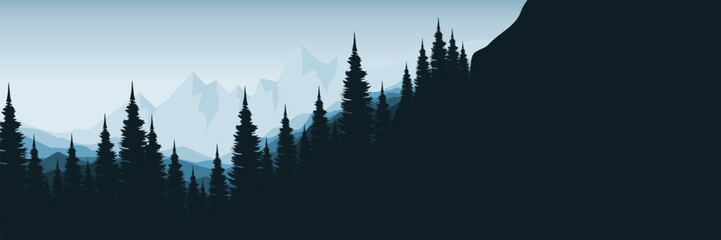 nature mountain outdoor landscape forest tree silhouette view vector illustration good for web banner, ads banner, tourism banner, wallpaper, background template, and adventure design backdrop