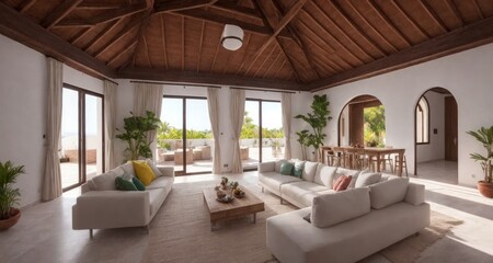 Fototapeta na wymiar Luxurious Exotic Living Room in an Ibiza Villa generative ai