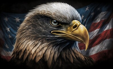 Fototapeta premium The symbol of the United States, namely the bald eagle on the background of the US flag.