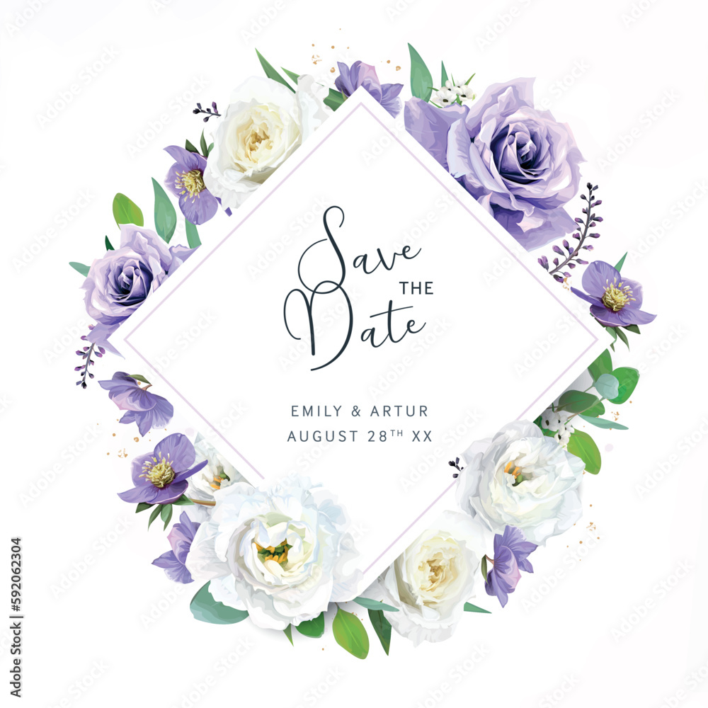 Wall mural vector wedding save the date, invitation card. watercolor purple, violet garden rose flowers, helleb - Wall murals