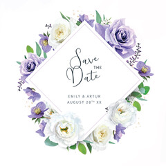 Vector wedding save the date, invitation card. Watercolor purple, violet garden rose flowers, helleborum, lisanthus, eucalyptus greenery leaves bouquet chic illustration. Editable floral frame, border