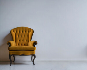 Modern interior design with a light blank layout wall and brown furniture. Brown chair near the gray wall.