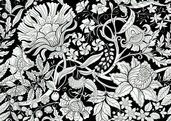 Fantasy flowers in retro, vintage, jacobean embroidery style. Seamless pattern, background. Vector illustration.