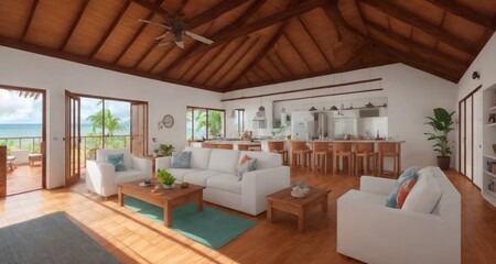 Fototapeta na wymiar The Cozy Coastal Living Room of a Costa Rican Bungalow generative ai