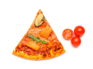 Slice of tasty seafood pizza and fresh tomatoes on white background