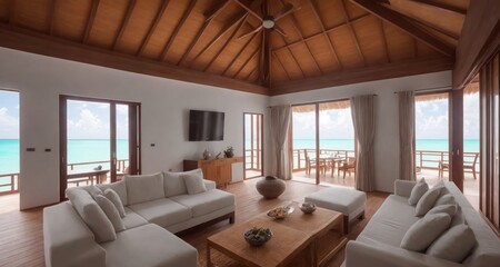 Obraz na płótnie Canvas Luxury Exotic Villa Living Room in the Maldives generative ai