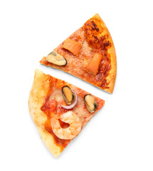 Slices of tasty seafood pizza on white background