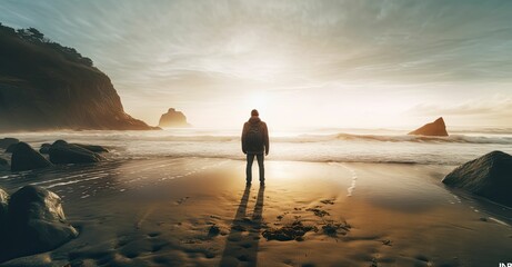 Fototapeta premium Happy man with arms outstretched embracing the world. Traveler with a backpack enjoying summer vacation. Traveling lifestyle Generative AI. 
