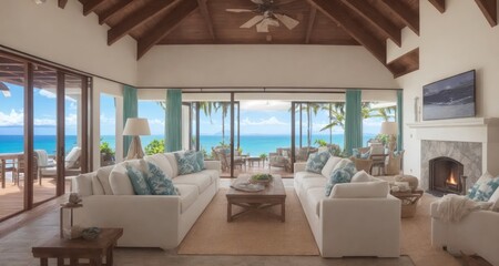 Coastal Luxury: Stunning Maui Hawaii Mansion Living Room Interior generative ai - 592062932