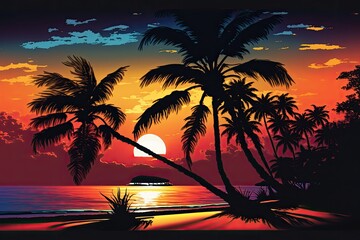 colorful tropical sunset with silhouetted palm trees. Generative AI