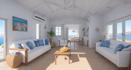 Fototapeta na wymiar Coastal Living in a Santorini Bungalow: An Inside Look at a Greek Home generative ai