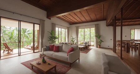 Plakat Relaxing in Paradise: A Gorgeous Living Room Interior in a Bali Villa generative ai