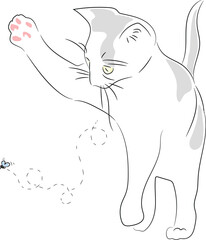 The cat attacks the fly, the cat plays with the insect. Vector hand drawing