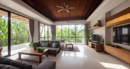 Obraz na płótnie Canvas Escape to Paradise: A Look Inside a Luxurious Bali Estate Living Room generative ai