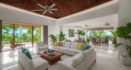 Fototapeta na wymiar A Taste of Paradise: Luxurious Living Room in a Cancun Mexico Tropical Estate generative ai