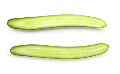 Halves of fresh cucumber on white background