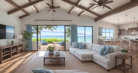 A Glimpse Inside of an Exquisite Maui Hawaii Coastal Estate Living Room generative ai - 592064381