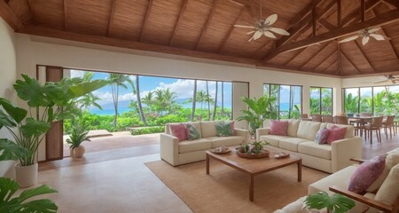 Fototapeta na wymiar The Luxurious Tropical Living Room of a Maui Hawaii Estate generative ai