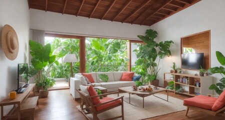 Luxurious Living Room in a Tropical Costa Rican Villa generative ai - 592064545
