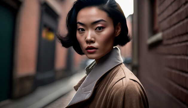 portrait of a person, Style and Sophistication in the Metropolis: Portrait of an Asian Woman on the Street, image created with ia