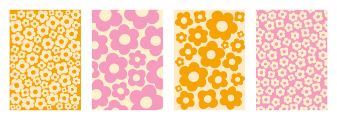 Groovy hippie 1970s background. Daisy flowers vector cover