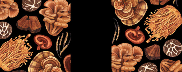 Watercolor medicinal mushroom frame, adaptogenic plant. Hand-drawn illustration isolated on black background. Perfect concept for healthy chinese medicine popular superfood, design packing