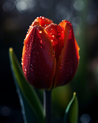 Close-up of a bright red tulip with raindrops on its petals, reflecting the surrounding garden and the light of the sun, creating a dazzling effect against a soft, green, blurred background.