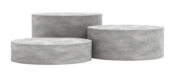 Three gray concrete stone podiums for product presentation isolated on transparent background